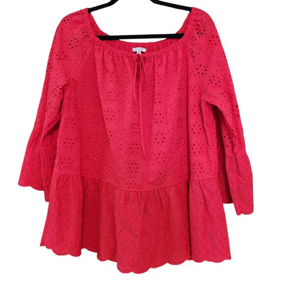 John Mark Red Eyelet Peasant Blouse Top, Cotton, Ruffle Sleeves sz XL - Picture 3 of 12